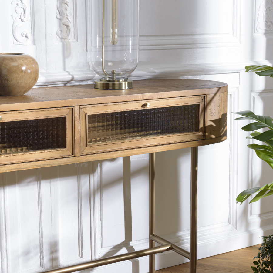 YSEULT Console arrondie couleur naturelle bois peuplier 2 tiroirs vitrés